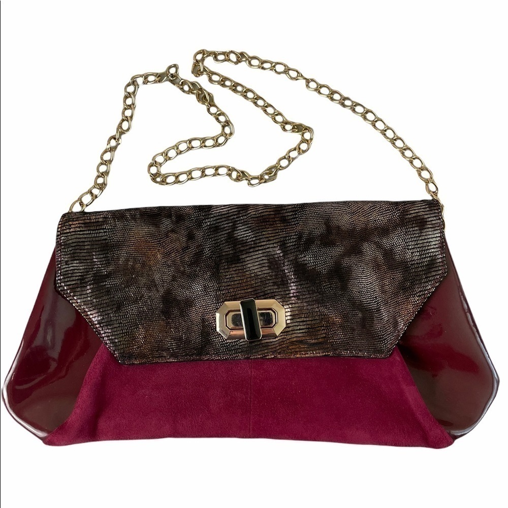 Aldo Patent Burgundy Envelope Clutch W/Chain Strap